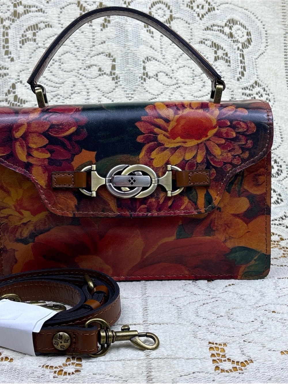 Patricia Nash Porcili Floral Leather Crossbody Top Handle Bag Horsebit Closure